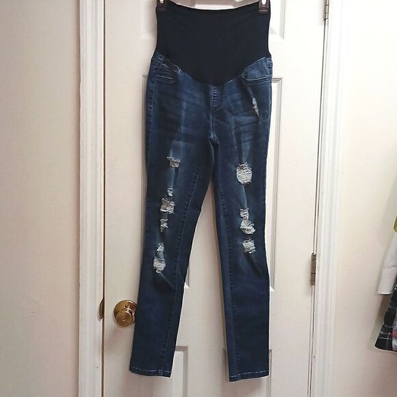 🩷FIRST KICK MATERNITY distressed blue jeans size medium (maternity) - Picture 1 of 4